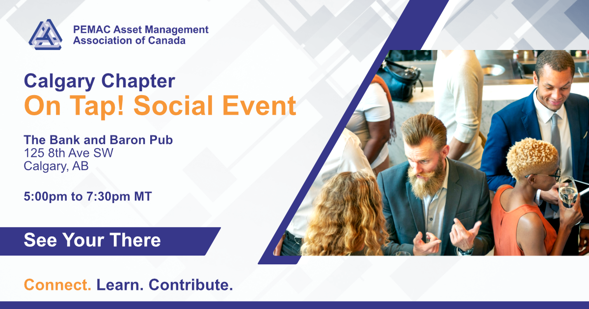 A flyer for the Calgary Chapter “On Tap!” social event hosted by PEMAC. It features event details for a gathering at The Bank and Baron Pub in Calgary, alongside a photo of people networking at a social event.